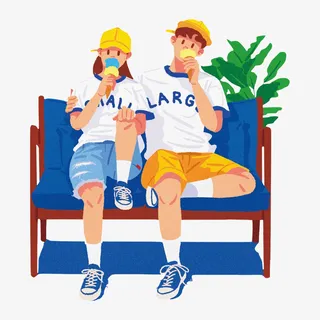 情侣吃冰淇淋小清新手绘插画恋爱免抠