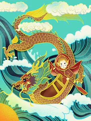 国潮男孩划桨赛龙舟端午节日高清