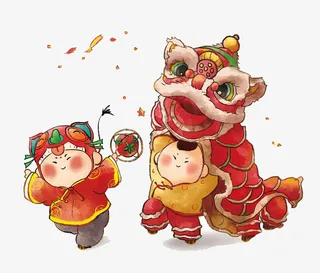 手绘人物 年味 剪纸 舞狮免抠