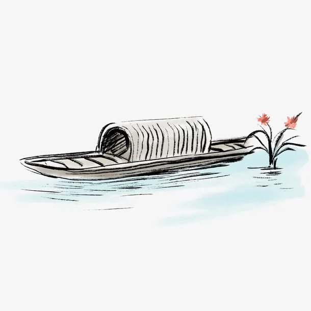 中国风彩色国画小船透明素材免抠