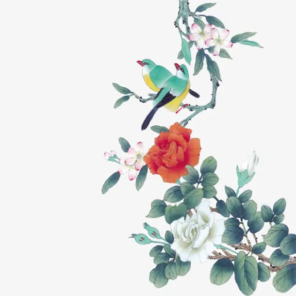 古风彩绘红花白花小鸟树枝免抠