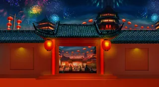 古风门楼新年热闹喜庆海报背景素材高清