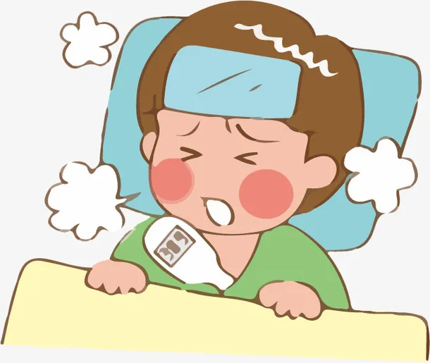 手绘卡通男孩在床上咳嗽免抠免抠