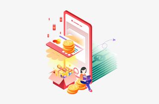 创意扁平渐变风格金币手机矢量插画元素免抠