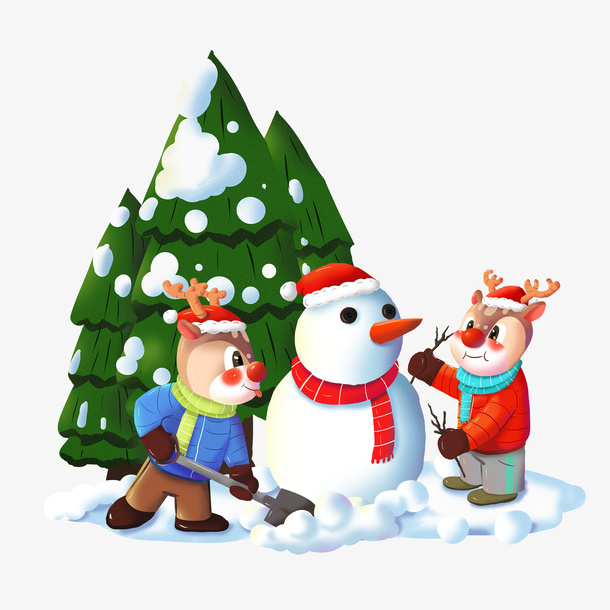 圣诞节鹿堆雪人免抠