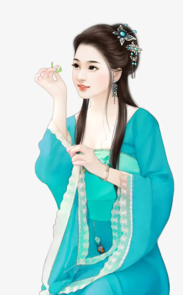 绿叶蓝裙女子免抠