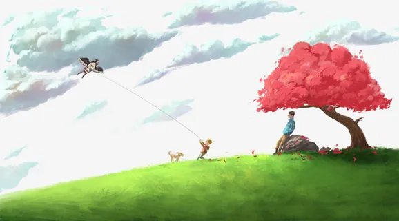 春天樱花手绘人物草地风筝免抠手绘/卡通手绘元素 春天樱花手绘人物草地风筝免抠手绘/卡通手绘元素