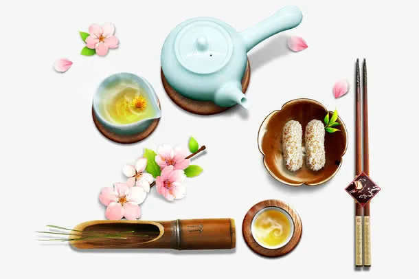 茶桌上的茶具和甜品免抠