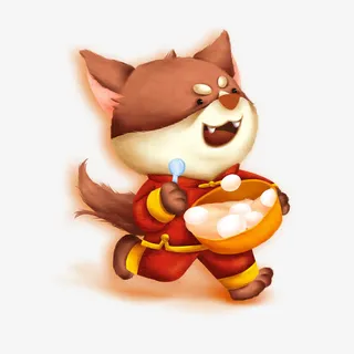 手绘开心端着汤圆奔跑的小狗插画免抠