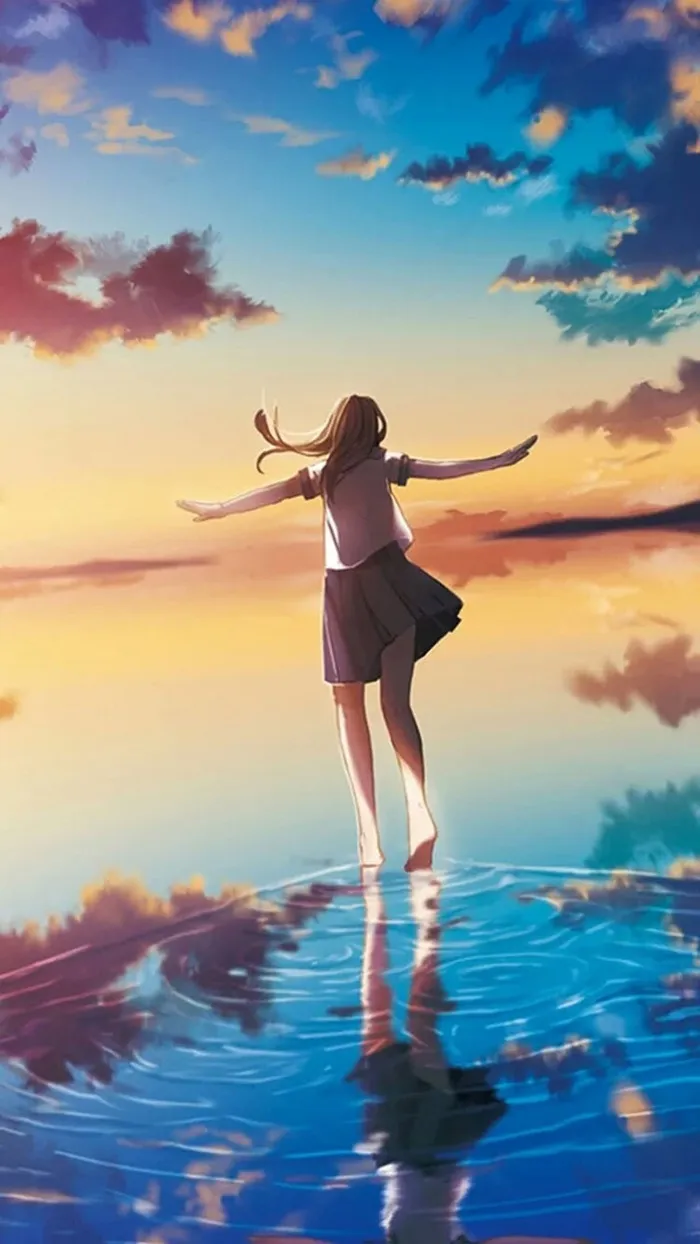黄昏海边少女背影H5背景高清