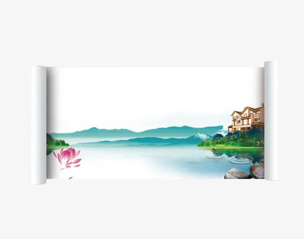 荷花白色水墨画古书卷免抠