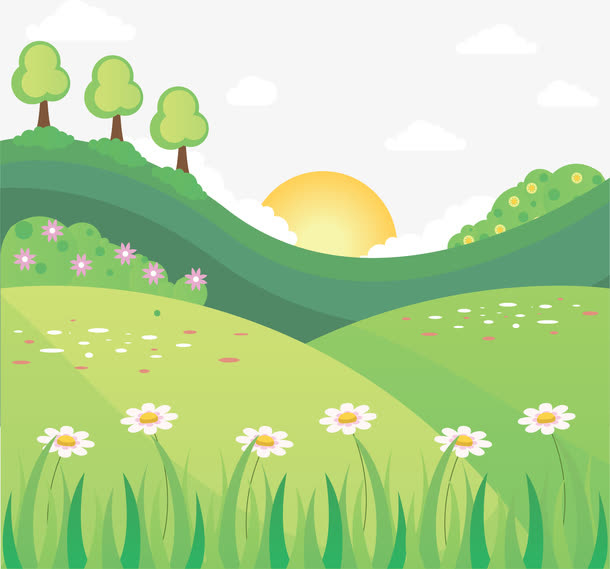 春天草地升起来的太阳免抠