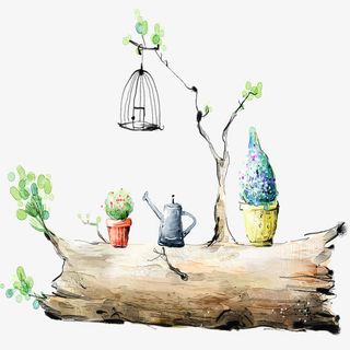 手绘水彩树干鸟笼免抠