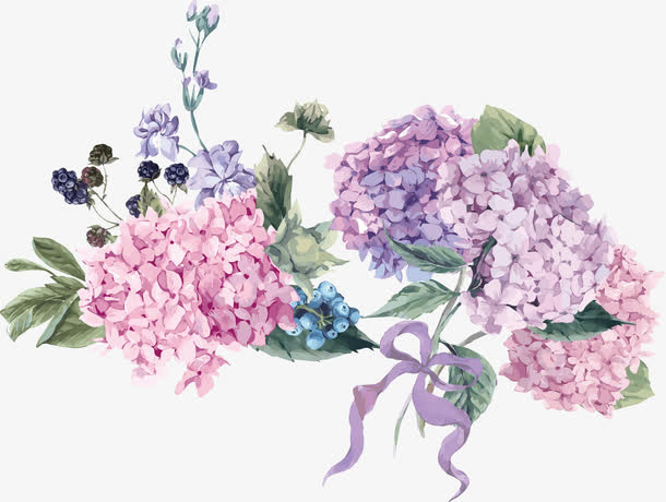 彩绘水彩紫色花卉花束矢量素材免抠