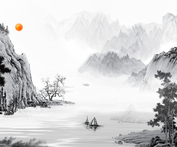 中国风水墨风景装饰图案免抠