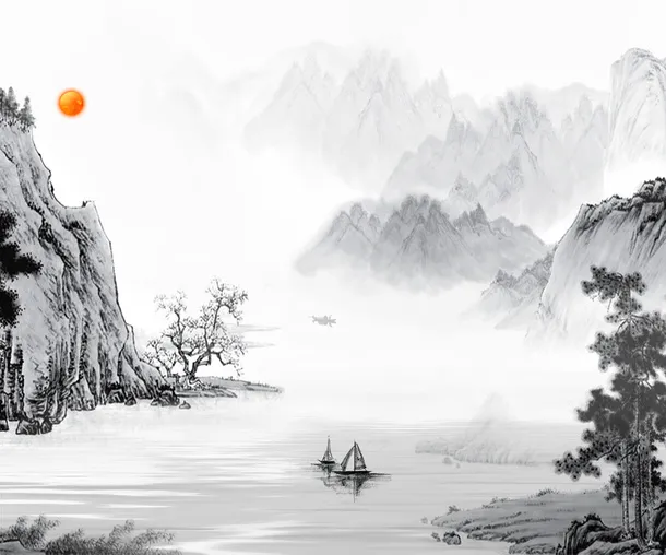 中国风水墨风景装饰图案免抠