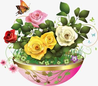 彩色新鲜玫瑰花盆七夕免抠