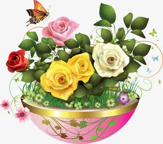 彩色新鲜玫瑰花盆七夕免抠