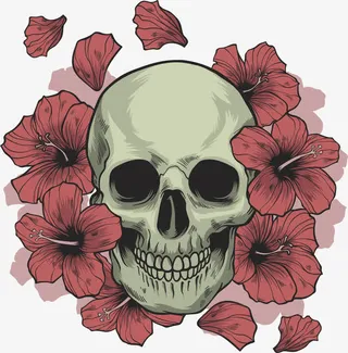 红色芙蓉花装饰骷髅免抠