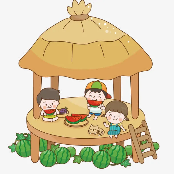 在凉棚下吃西瓜的孩子免抠