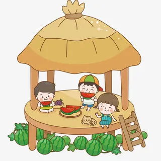 在凉棚下吃西瓜的孩子免抠 在凉棚下吃西瓜的孩子免抠