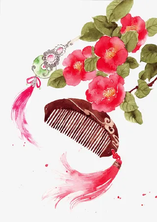 茶花和梳子免抠