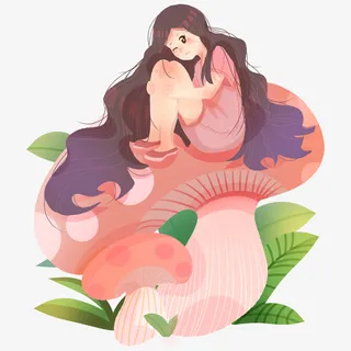 春天女孩踏青蘑菇免抠