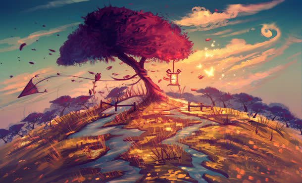 手绘漫画红色大树免抠