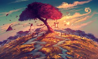 手绘漫画红色大树免抠