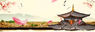 米色中国风花瓣国庆七天游banner高清