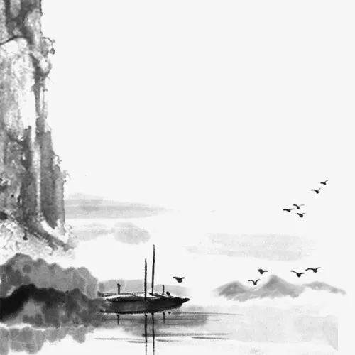 水墨山峰小船和燕子免抠