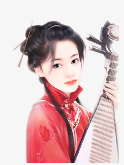 立绘红衣抚琴古装古典美女免抠