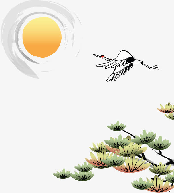 手绘古典淡雅太阳仙鹤松树免抠