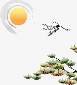 手绘古典淡雅太阳仙鹤松树免抠