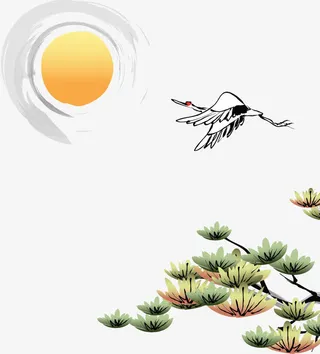 手绘古典淡雅太阳仙鹤松树免抠