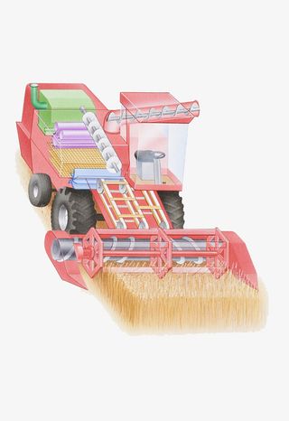 手绘彩铅收割机收割麦子免抠