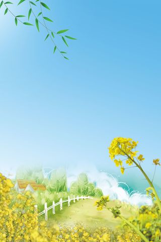 浅蓝色手绘唯美春季踏青油菜花春天背景高清