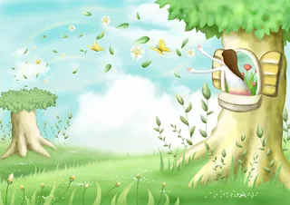 春天可爱卡通女孩儿散花海报背景素材高清卡通手绘背景