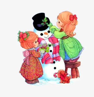 手绘堆雪人的小女孩插画免抠