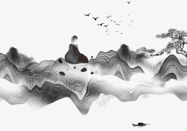 水墨中国风景插画免抠