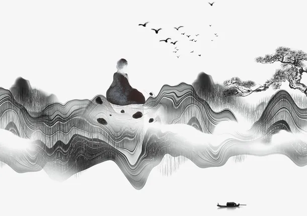 水墨中国风景插画免抠