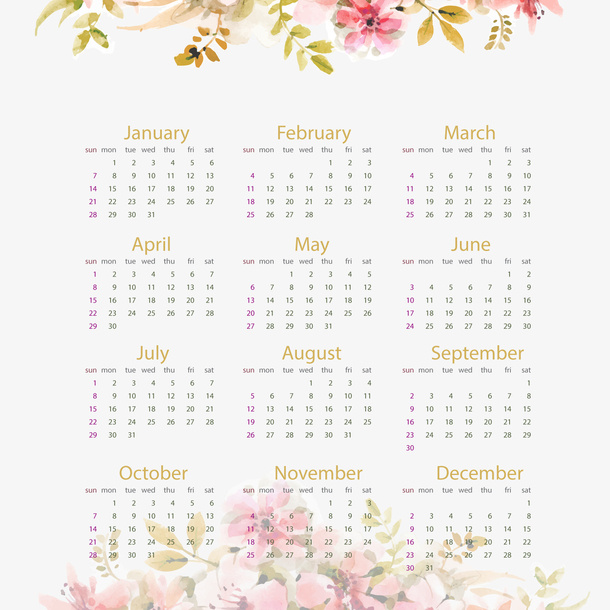 水彩绘花卉年历矢量图免抠