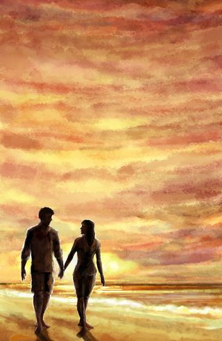 手牵手走在海边的情侣免抠