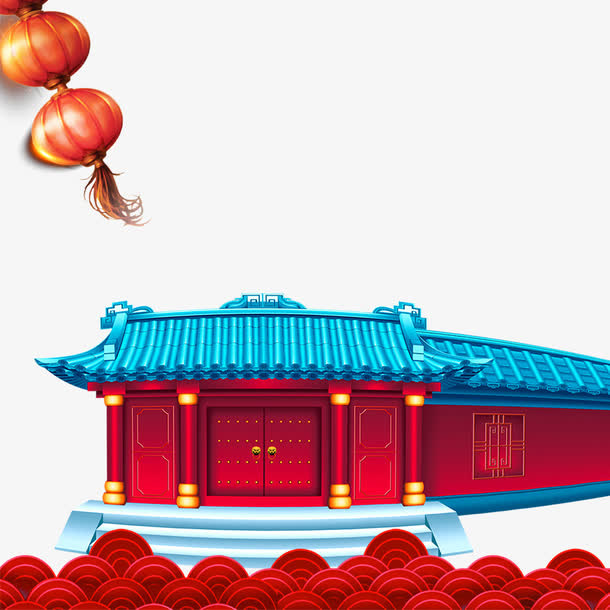 红色古建筑房子免抠