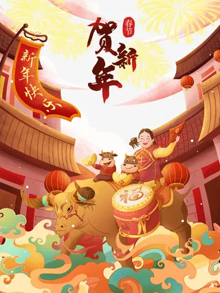 贺新年艺术字手绘牛年装饰元素图免抠