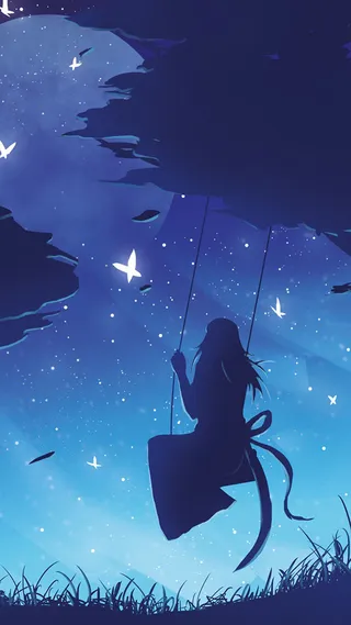 夜空下荡秋千的女孩插画H5背景高清