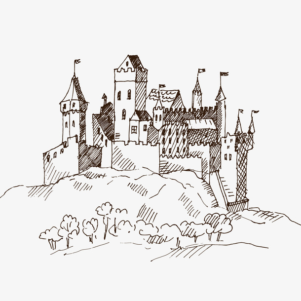 手绘素描欧式中世纪城堡建筑免抠