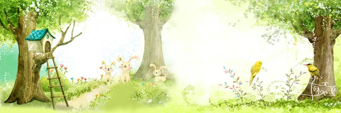 清新手绘森林兔子小鸟背景图高清