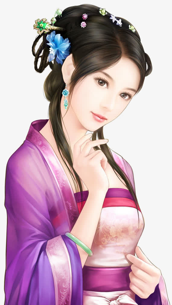 紫衣温柔美女古风手绘免抠