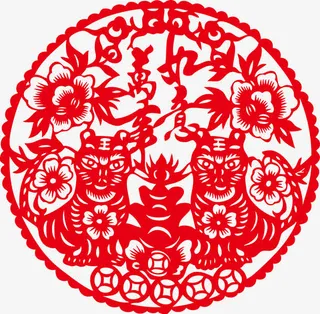 剪纸两只老虎万事如意矢量免抠